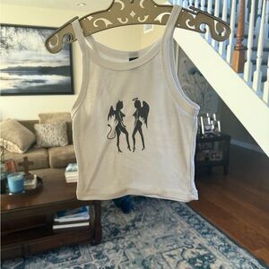 White Tank Top with Angel and Devil Print